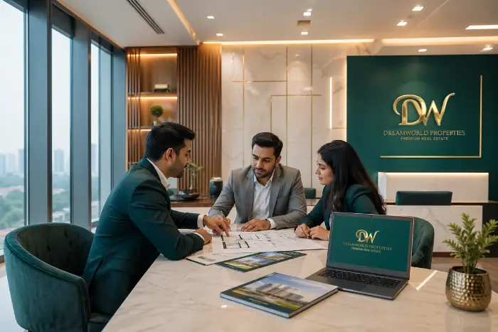 Dreamworld Properties team consulting clients in Gurugram office