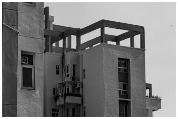 Modern building exterior with geometric architectural elements.