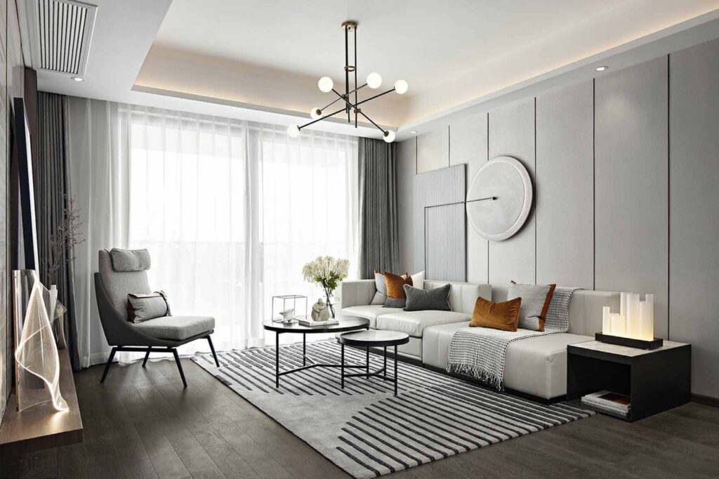 Spacious living room interior in Seggovias 3.5 BHK senior living apartment Gurgaon — imported marble flooring and elegant design