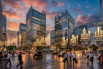 A cinematic, wide-angle shot of a bustling financial district in India with glass-facade skyscrapers, reflected in the wet pavement after a light rain