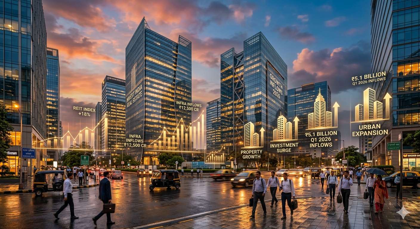 A cinematic, wide-angle shot of a bustling financial district in India with glass-facade skyscrapers, reflected in the wet pavement after a light rain