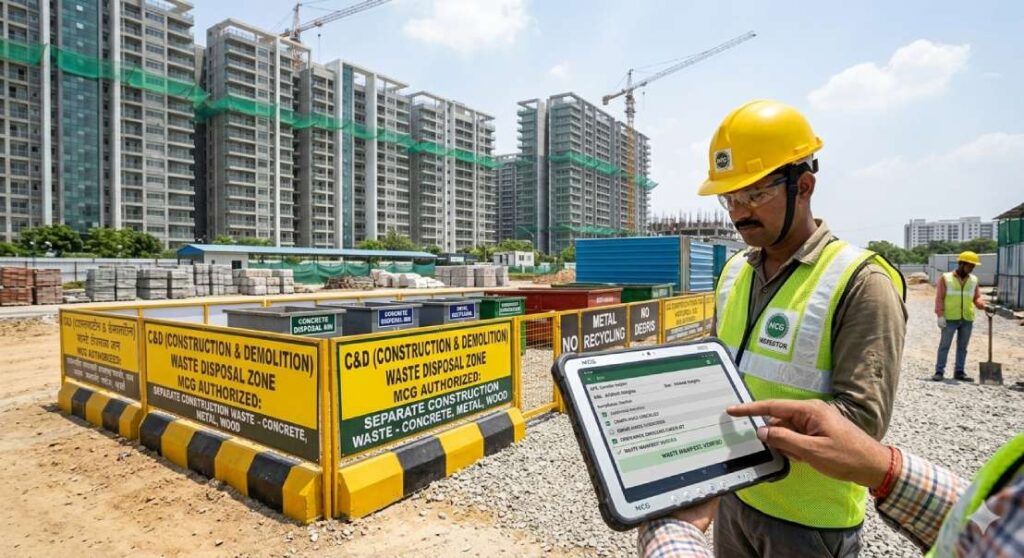 A close-up, high-quality photo of a modern, clean construction site with a designated, organized debris collection area clearly marked in compliance with Demolition waste disposal Gurugram.