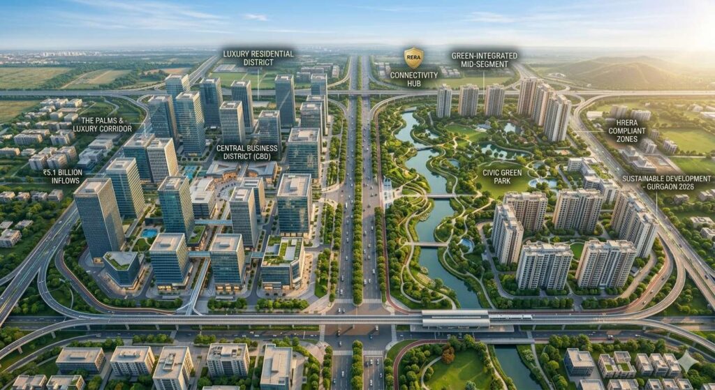 A high-quality aerial view of a modern Gurgaon urban landscape, highlighting a balanced blend of tall, luxury glass-facade residential towers and high-density, green-integrated mid-segment apartment complexes