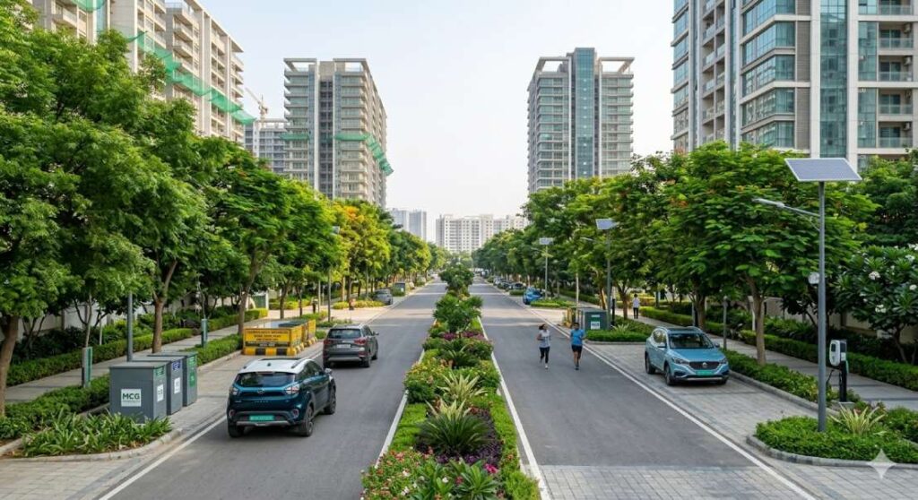A conceptual image showing a clean, sustainable urban street in Gurugram with lush green trees, a clean road surface, and no waste in sight