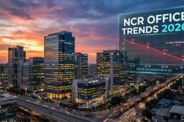 A high-end, cinematic shot of the Gurgaon skyline featuring modern glass-facade office buildings (like DLF Cyber City) at sunset, with a sleek digital overlay showing a downward trending graph and the text "NCR Office Trends 2026."