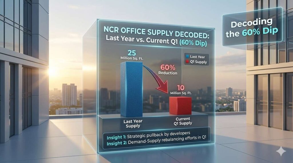 A professional 3D infographic showing a comparison bar chart for Net leasing of office spaces in NCR: One bar for "Last Year Supply" (High) and one for "Current Q1 Supply" (Low), set against a clean, minimalist architectural background.