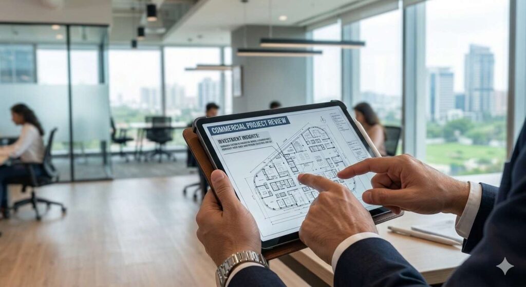 A close-up of a professional real estate investor's hands reviewing a digital blueprint of a commercial project on a tablet, with a blurred background of a modern co-working space in Gurgaon.