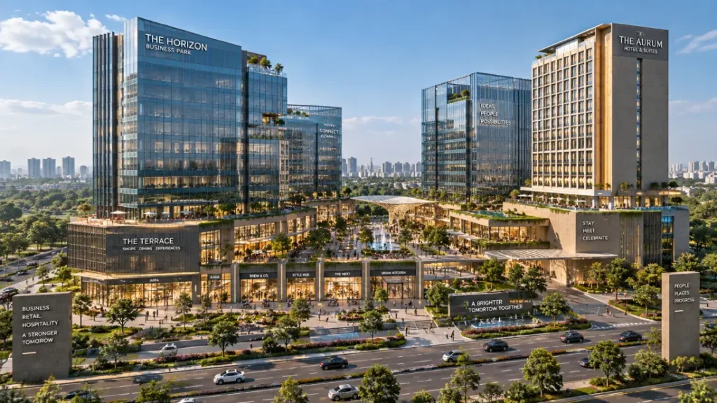 Architectural rendering of a modern mixed-use commercial complex, glass office towers, retail podium, and a hotel building connected by landscaped plazas, daytime, clean corporate architecture style, ultra-realistic 3D render