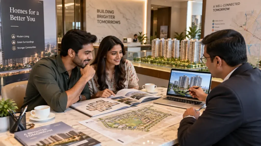 Homebuyers reviewing new Gurugram property options with an advisor