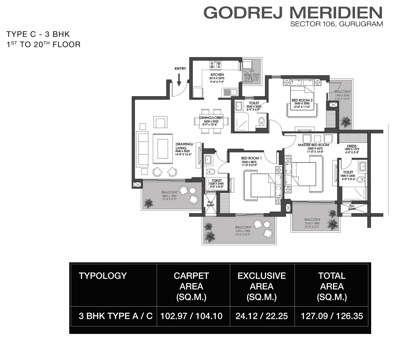 3 BHK (Area: 1360 Sq. Ft) – Godrej Meridien 