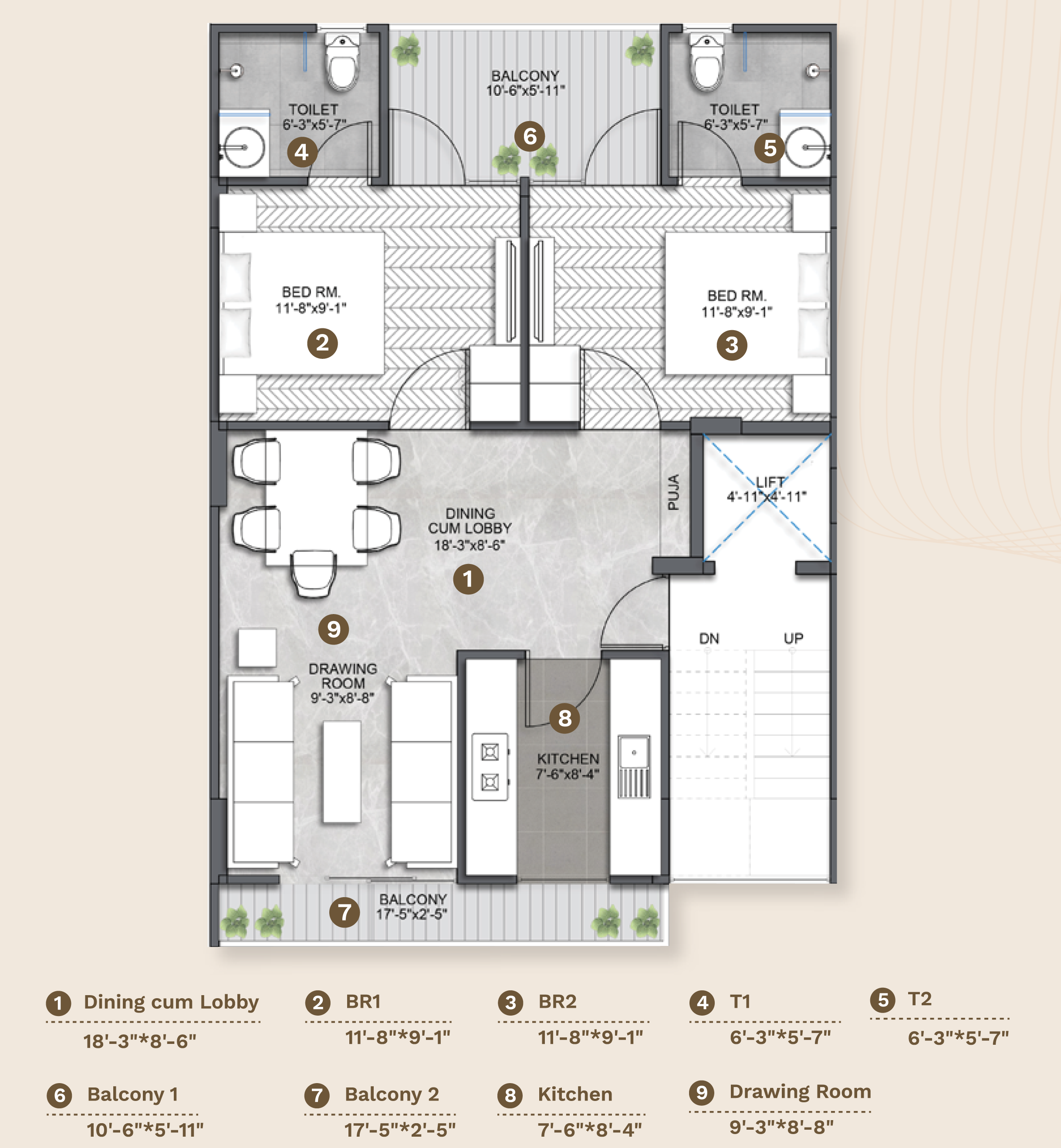 2 BHK (1275 Sqft) – Prime Residences
