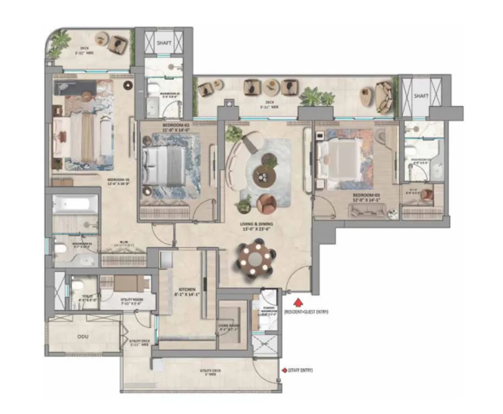 3 BHK (Area: 2673 Sq. Ft) – Whiteland Westin Residences