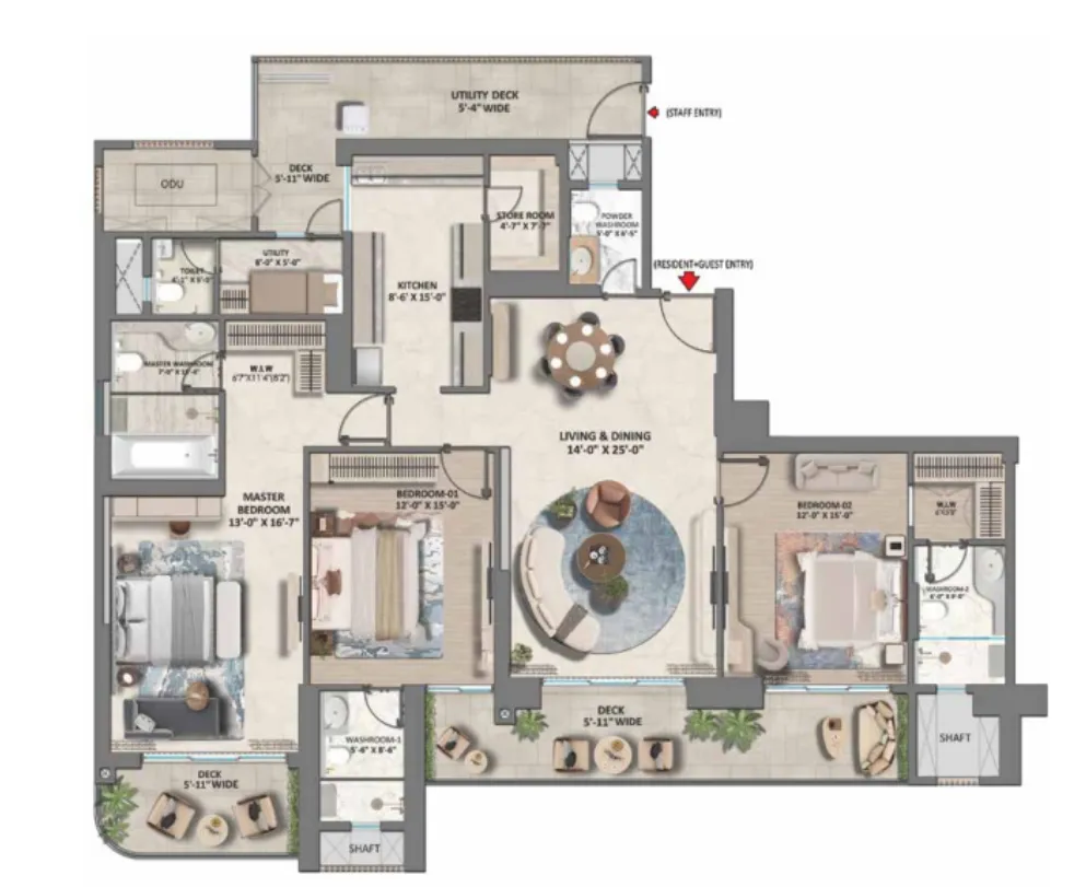 3 BHK (Area: 2939 Sq. Ft) – Whiteland Westin Residences