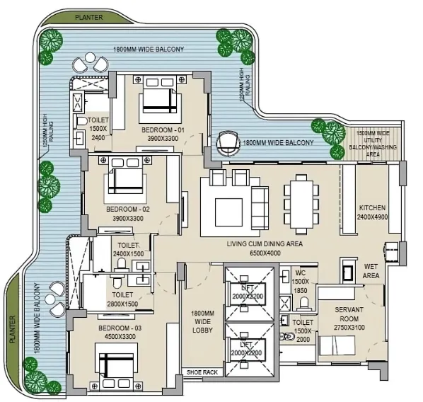 3 BHK (Area: 2392 Sq. Ft) – Ganga Anantam 85