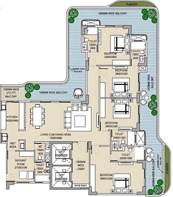 4 BHK (Area: 3101 Sq. Ft) – Ganga Anantam 85