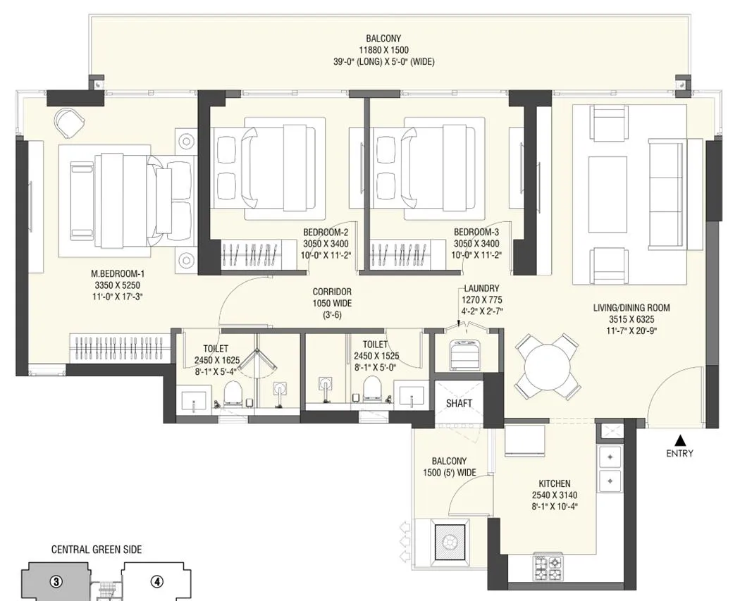 3 BHK+2T (Area: 1700 Sq. Ft) – Godrej Meridien 