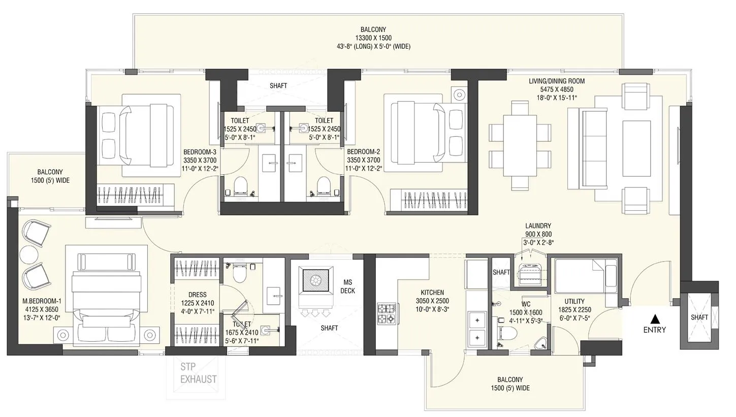 3BHK+3T+U (Area: 2100 Sq. Ft) – Godrej Meridien 
