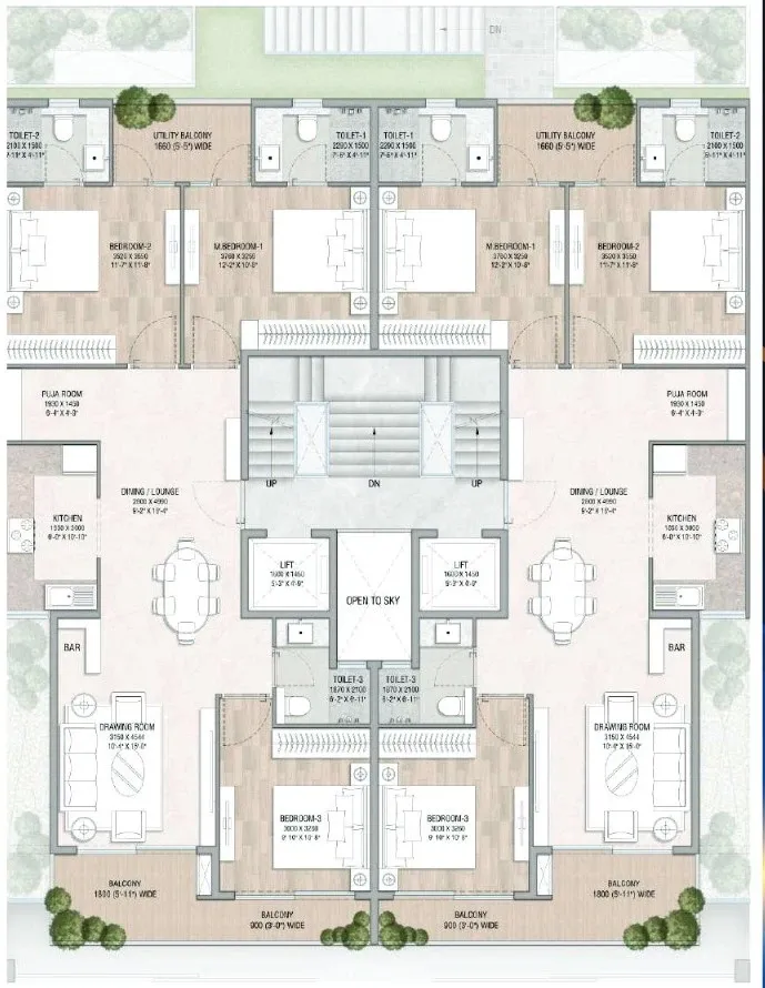 3 BHK (Area: 1976 Sq. Ft) – JMS The Majestic