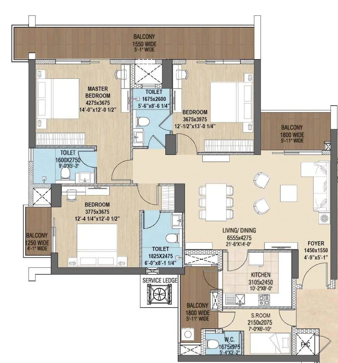  3 BHK Floor Plan  – Puri The Aravallis