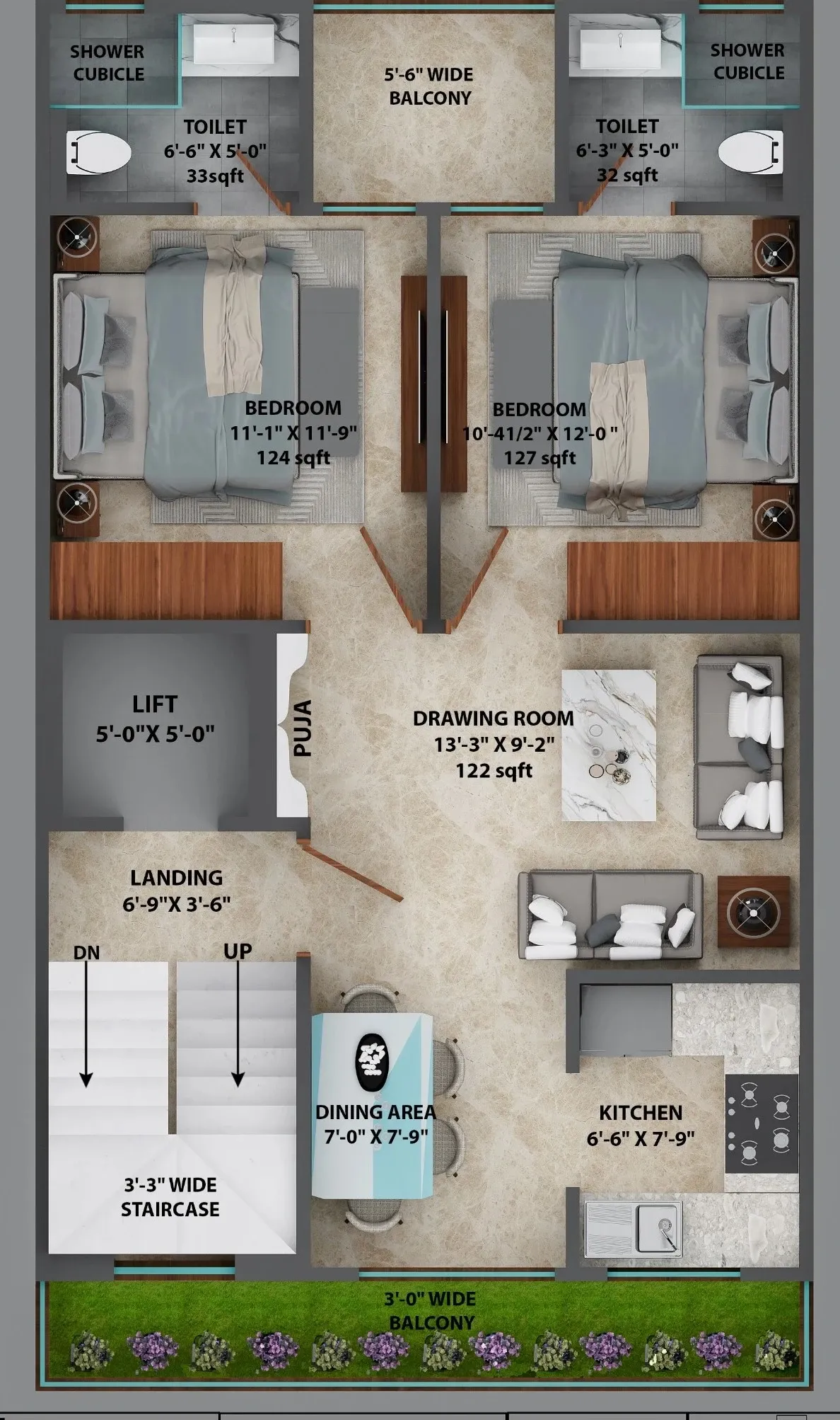 2 BHK (Area: 963 Sq. Ft) – Horizon Floors Sec 93
