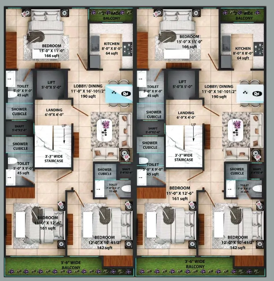 3 BHK (Area: 1395 Sq. Ft) – Horizon Floors Sec 93