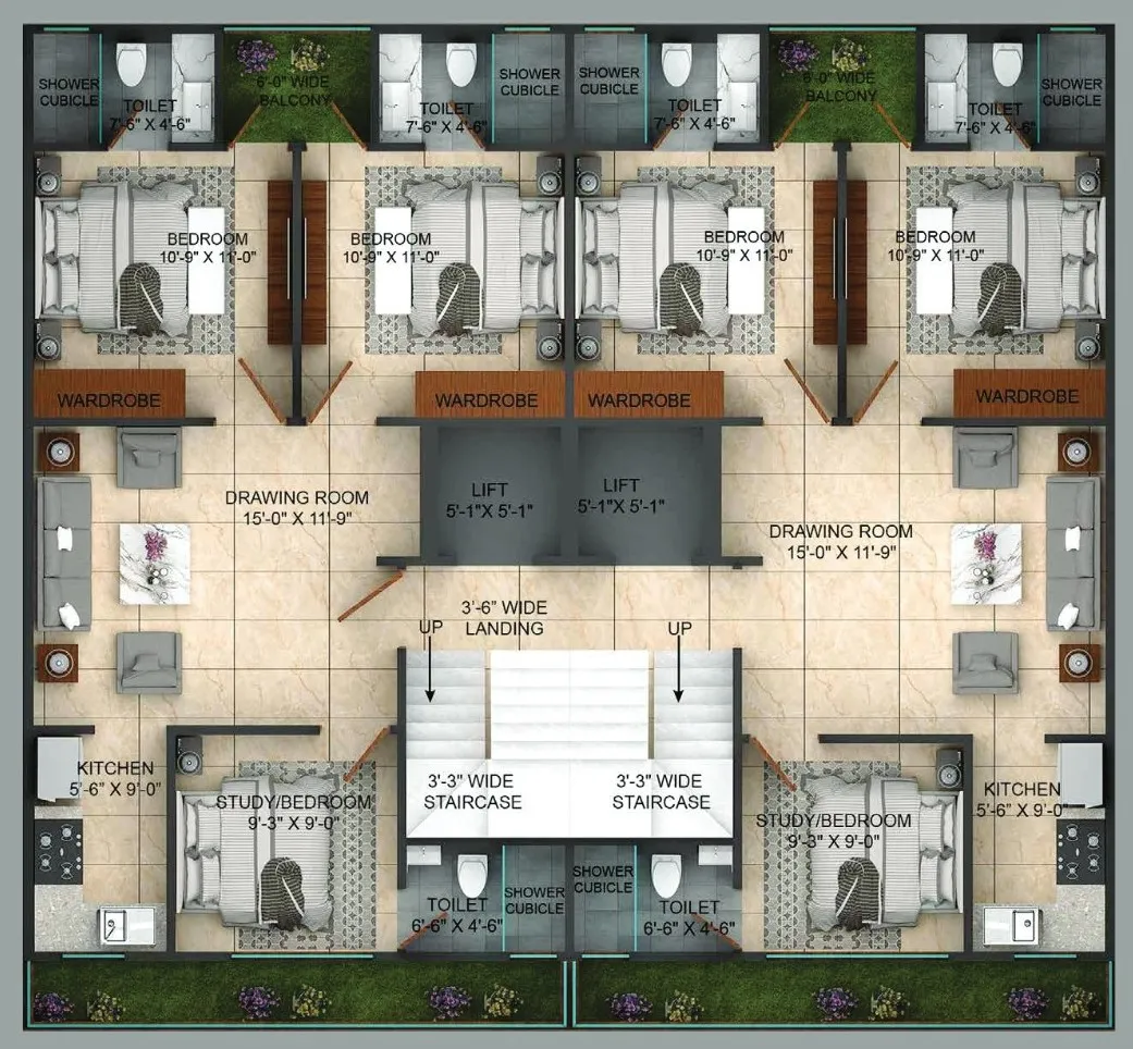 3 BHK (Area: 1143 Sq. Ft) – Horizon Floors Sec 93