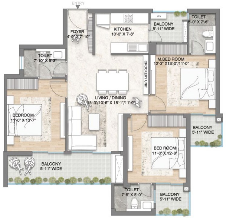 3 BHK (1605 Sq. Ft.) – M3M Crown