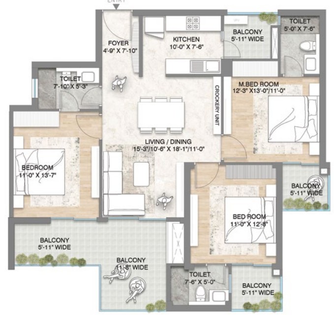 3 BHK WITH DECK (1665 SQ.FT.) – M3M Crown