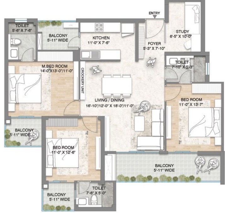 3 BHK + STUDY (1825 SQ.FT.) – M3M Crown