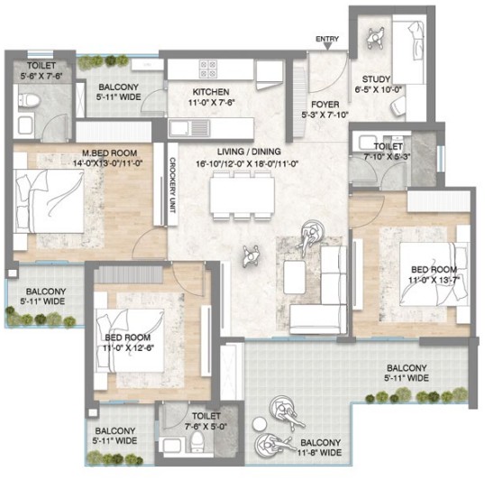 3 BHK + STUDY WITH DECK (1895 SQ.FT.) – M3M Crown