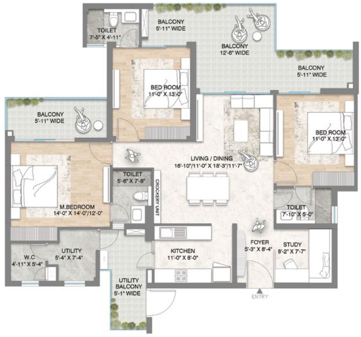 3BHK + STUDY + UTILIT Y – M3M Crown