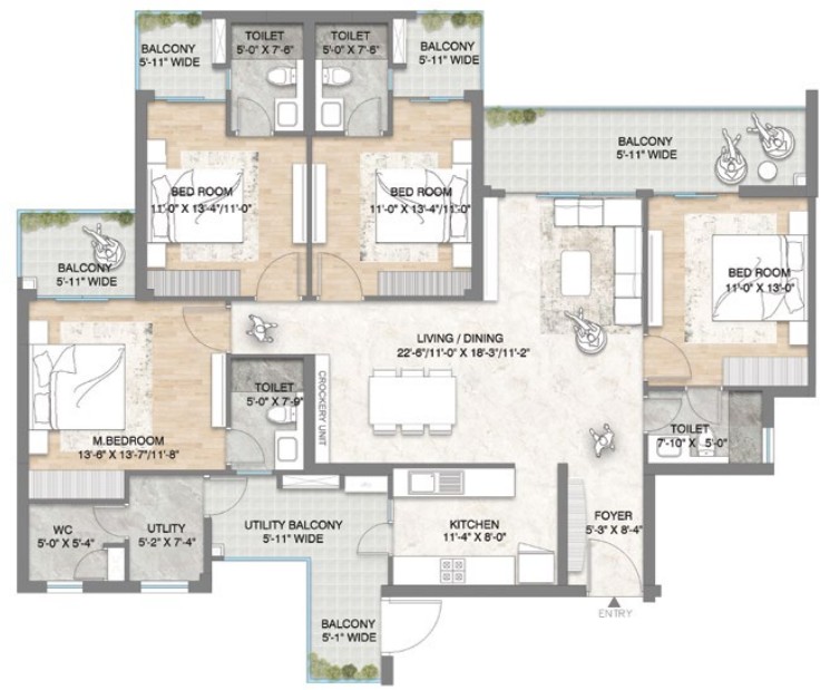 4 BHK + UTILITY (2305 SQ.FT) – M3M Crown