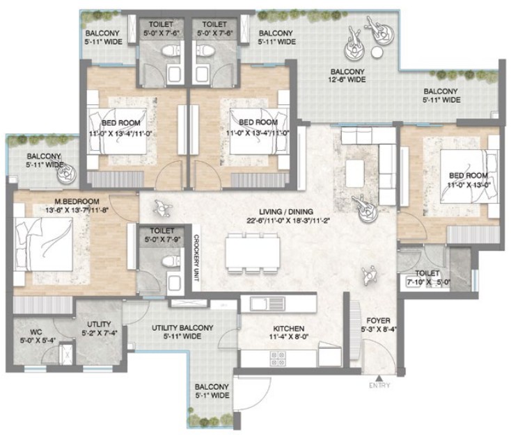 4BHK + UTILITY WITH DECK (2400 SQ.FT.) – M3M Crown