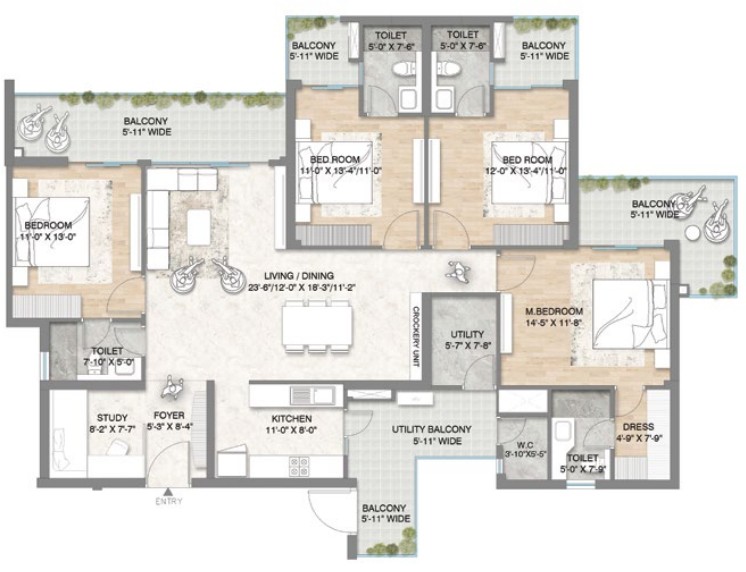 4BHK + STUDY + UTILITY (2570 SQ.FT.) – M3M Crown