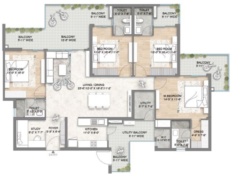 4BHK + STUDY+ UTILITY – M3M Crown