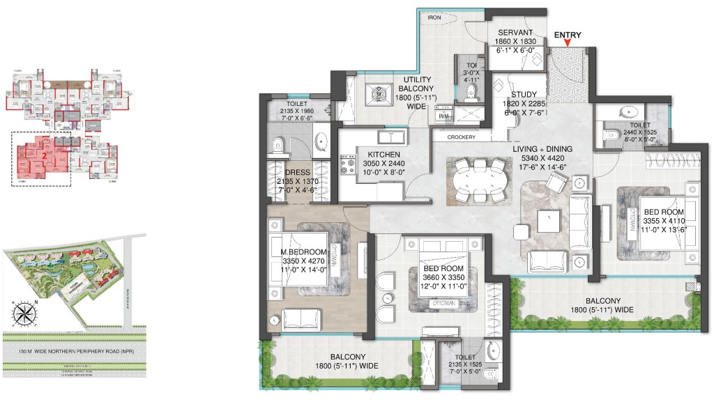 3.5BHK + SERVENT (2080 SQ.FT.) – M3M Mansion