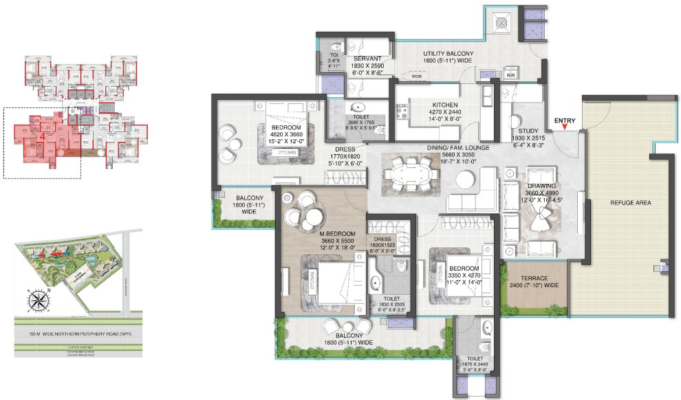 REFUGE 3.5BHK + SERVENT (2570 SQ.FT.) – M3M Mansion
