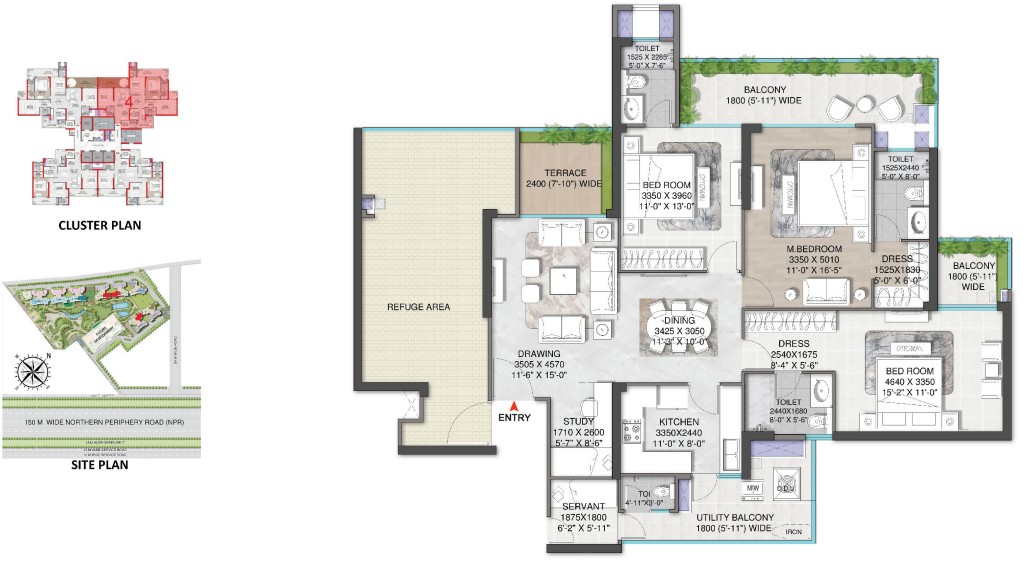 REFUGE 3.5BHK + SERVENT (2190 SQ.FT.) – M3M Mansion