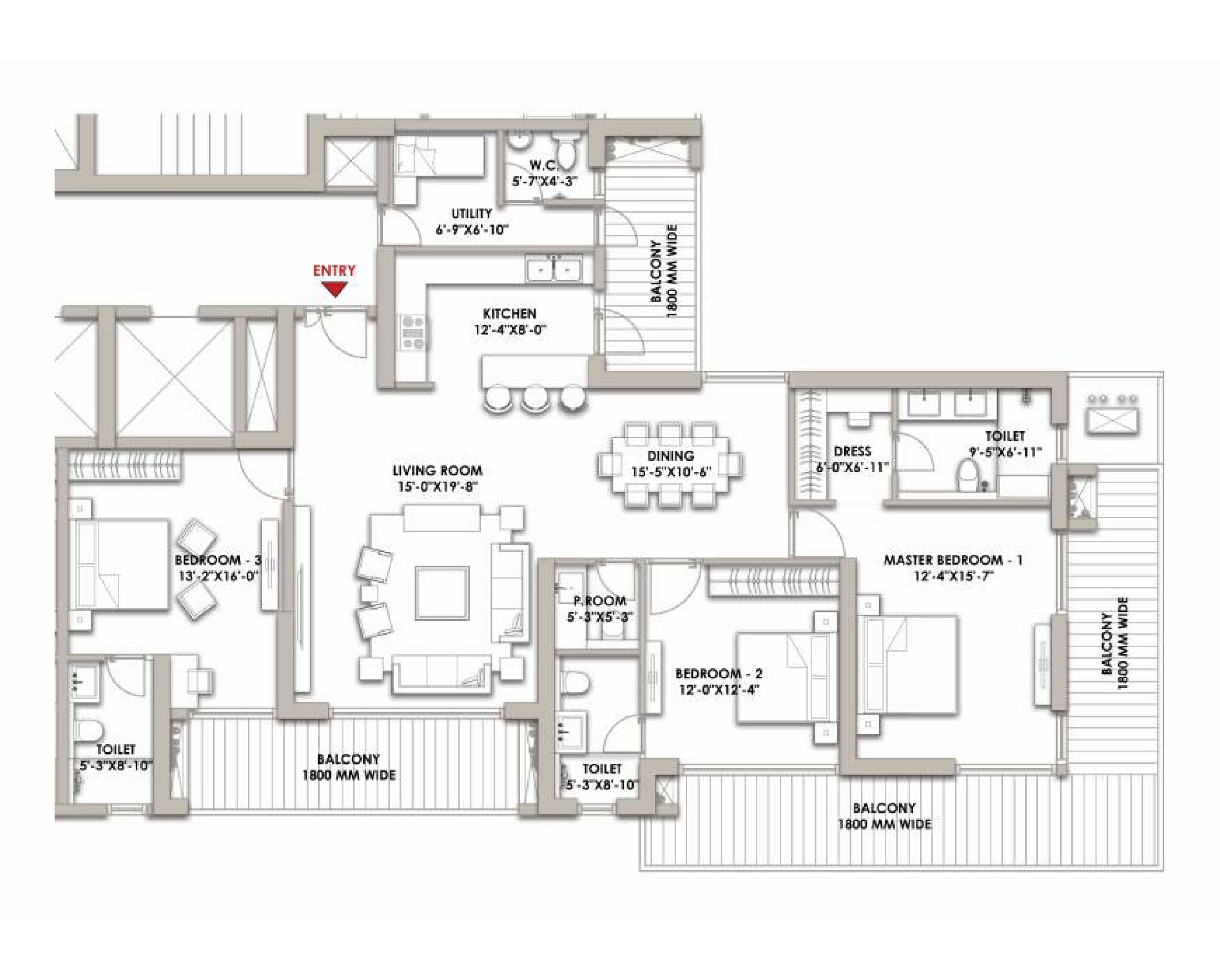 3 BHK + UTILITY (2920 sq.ft.) – Landmark Skyvue