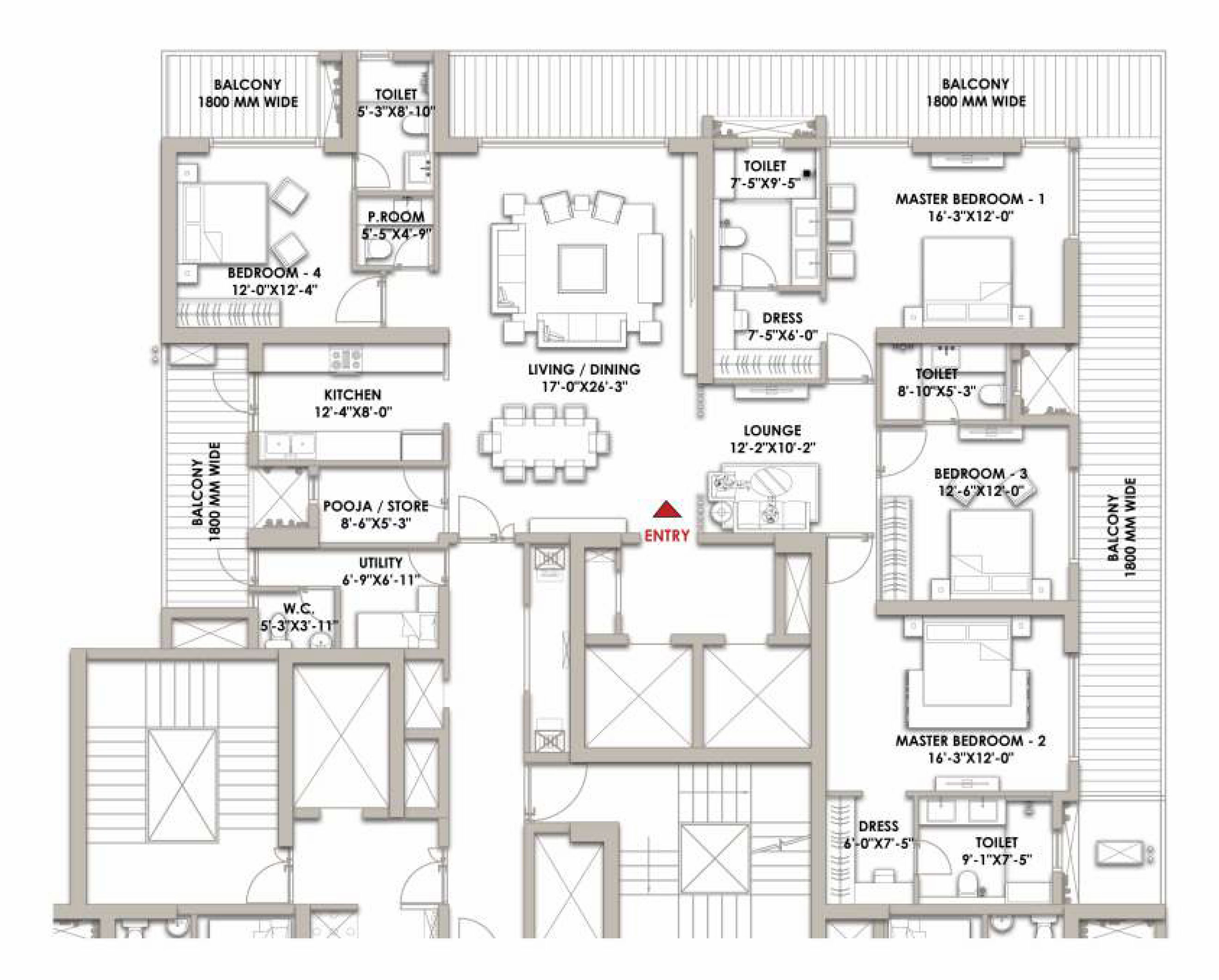 4.5 BHK + UTILITY (3930 sq.ft.) – Landmark Skyvue