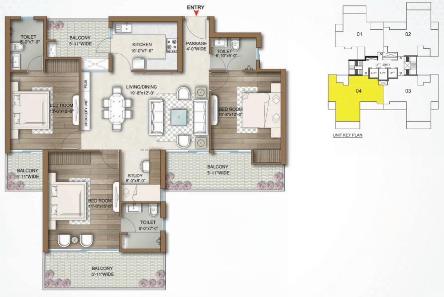 3BHK + STUDY (1665 SQ.FT.) – M3M Capital
