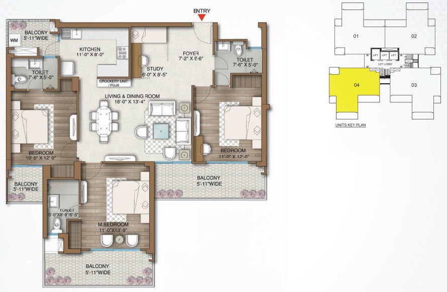 3BHK + STUDY (1695 SQ.FT.) – M3M Capital
