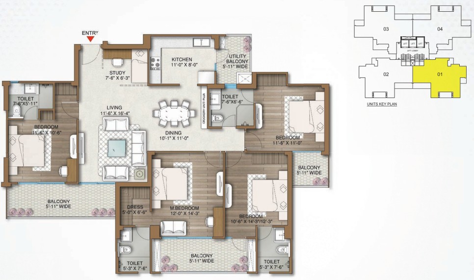 4BHK + STUDY (2060 SQ.FT.) – M3M Capital