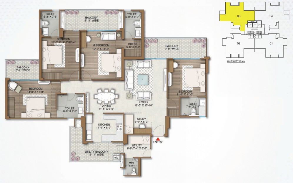 4BHK + STUDY + UTILITY (2298 SQ.FT.) – M3M Capital
